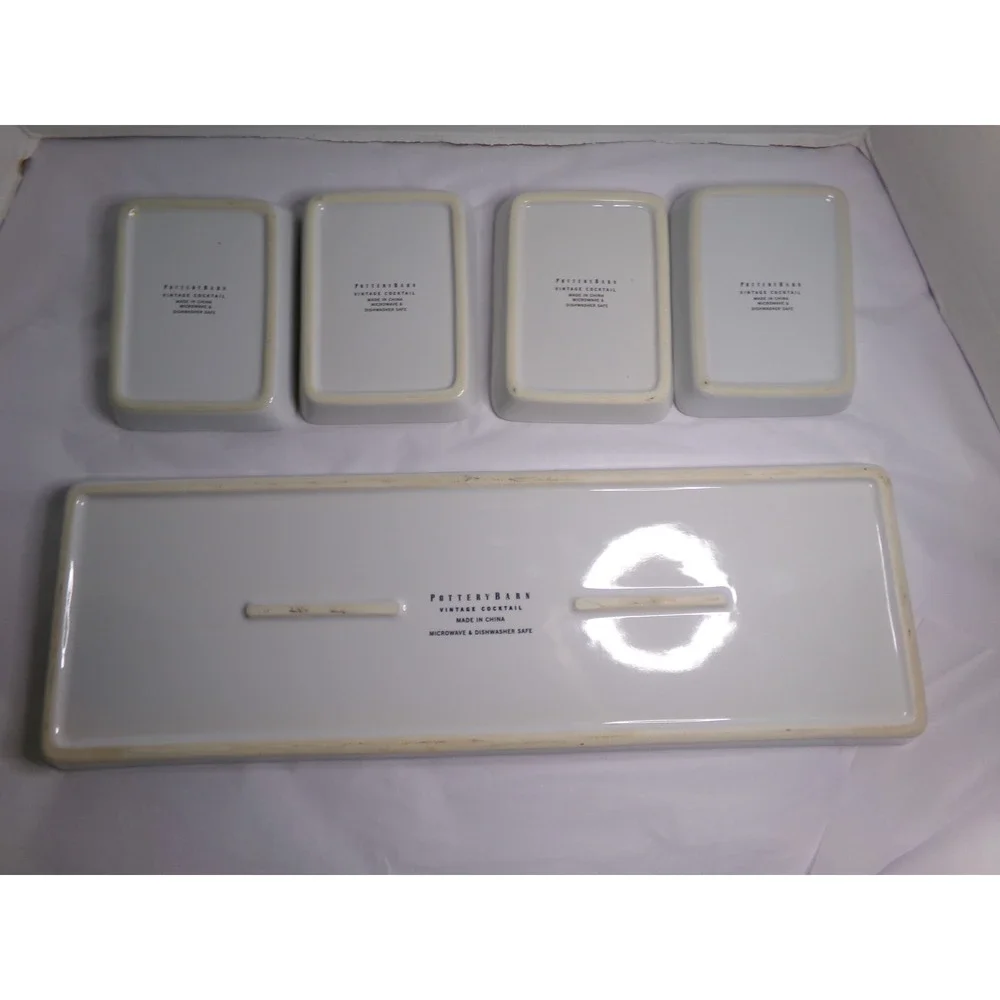 Pottery Barn Vintage Poster Appetizer Set‎ 4 Dishes & Tray Martini Florio White